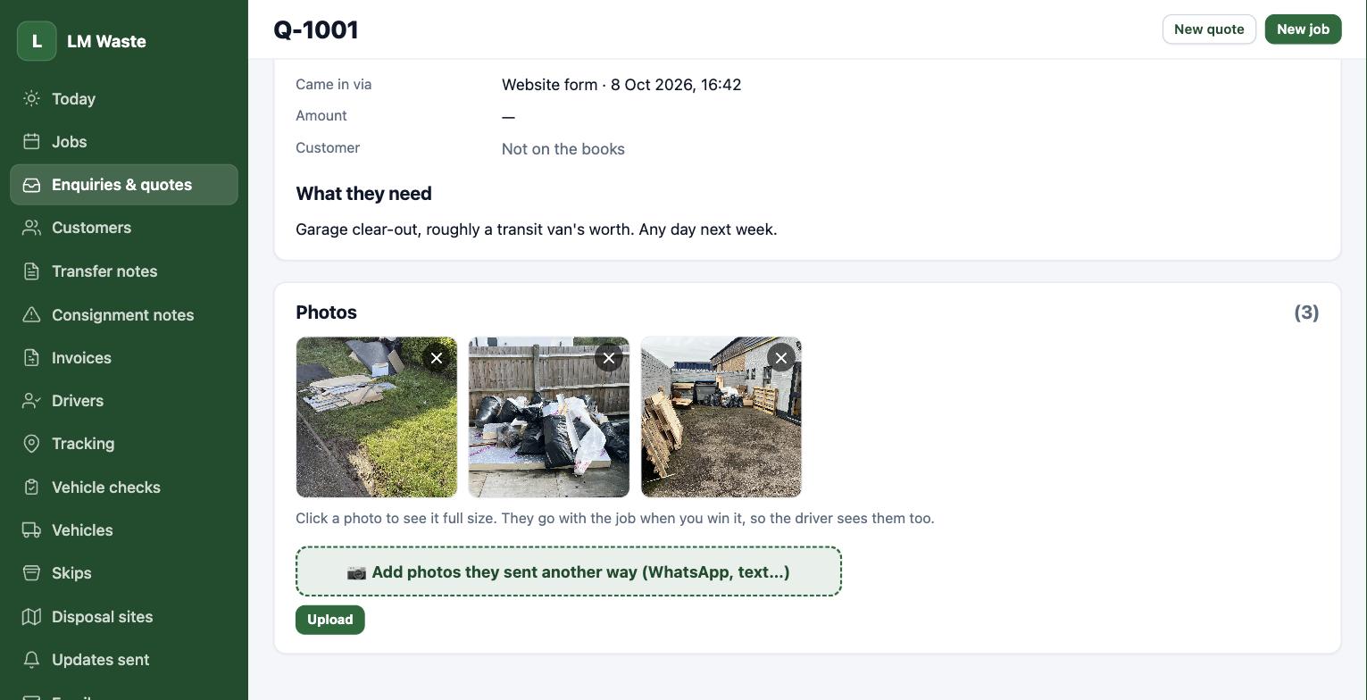 An enquiry screen showing what the customer needs cleared, with three photographs they sent of the waste.